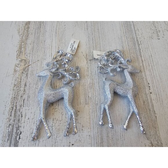 Macys Holiday Lane silver reindeer deer ornament glitter Xmas tree set - Picture 1 of 8